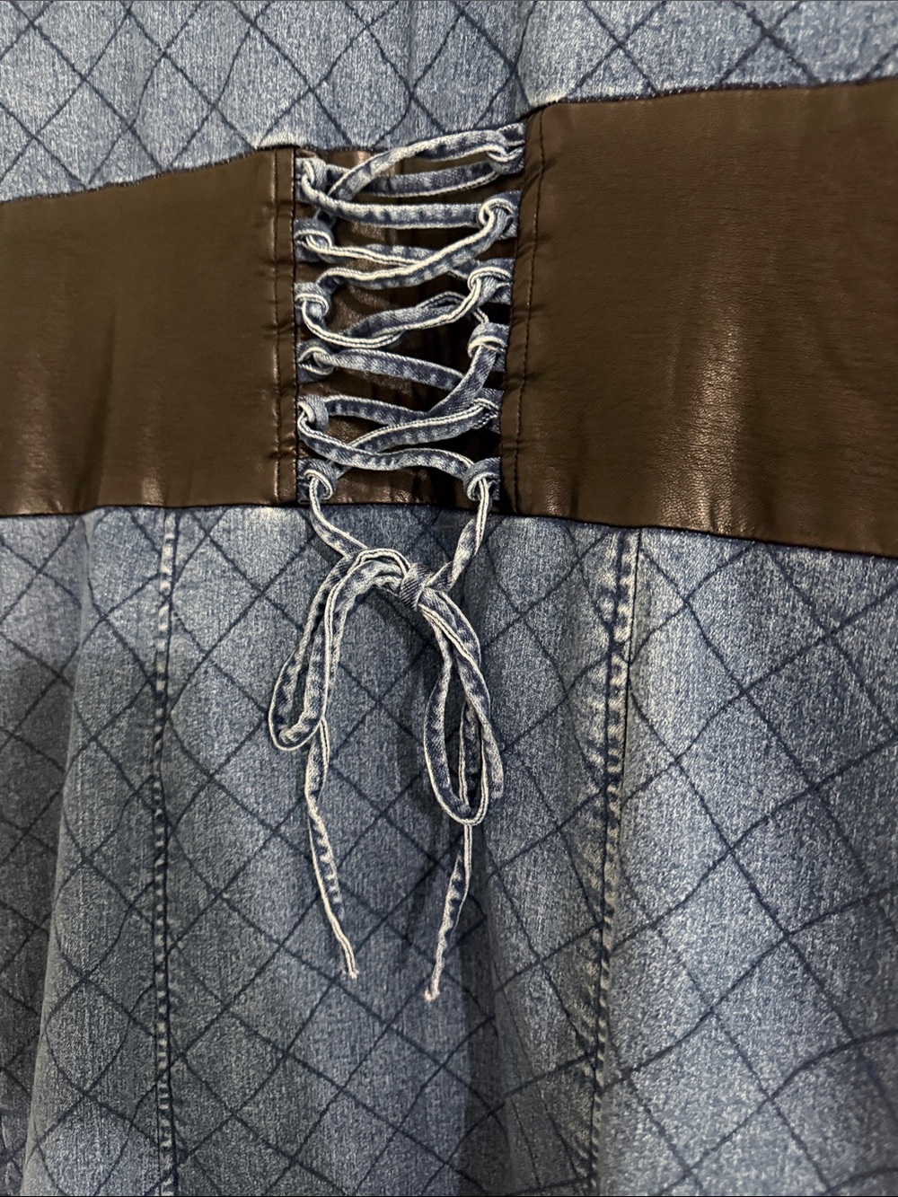 VENUS Blue Quilted Denim Trench Coat with Corset Black Waist Panel - Picture 6 of 8